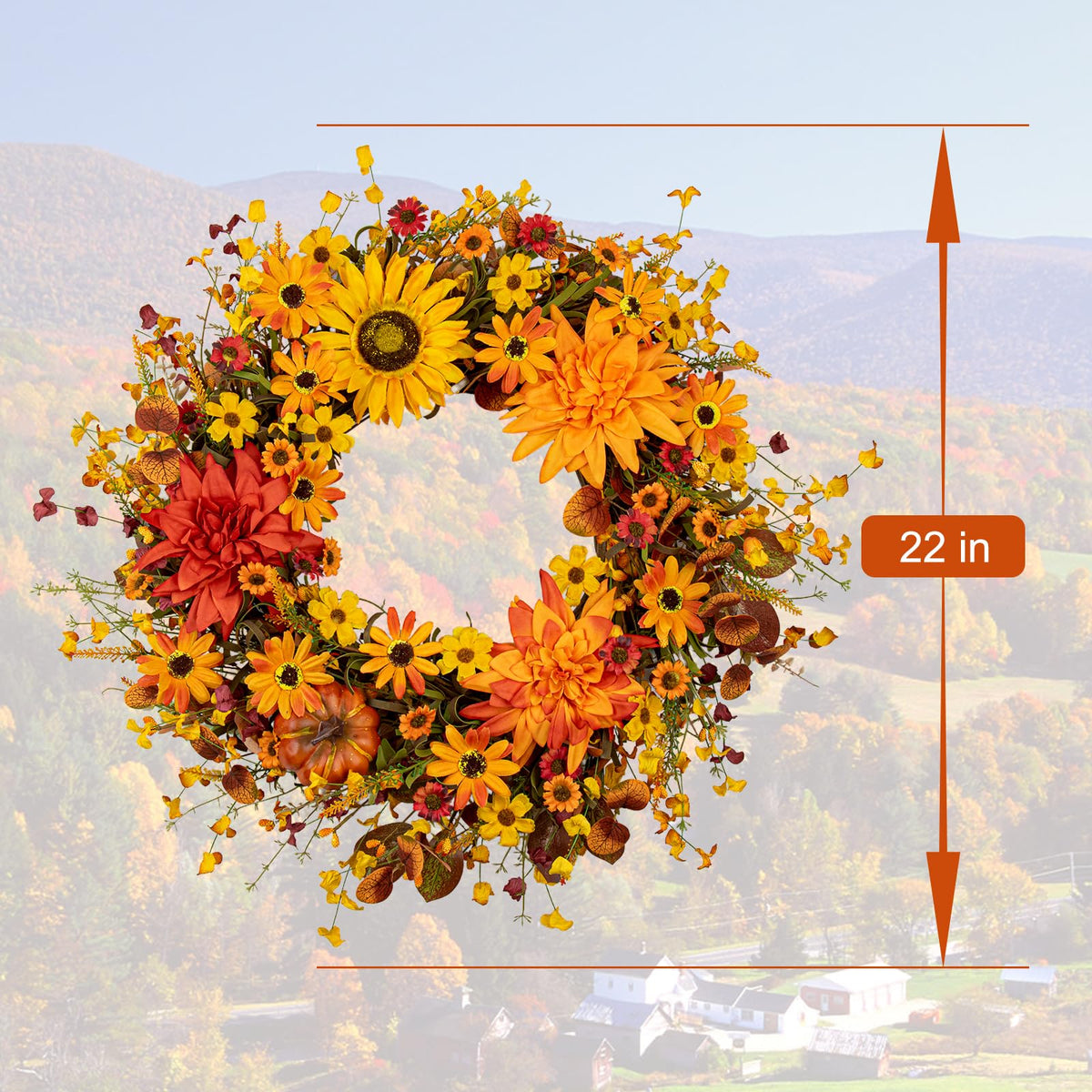 Jinghong Autumn Harvest Wreath, 22 Inch Diameter, Orange