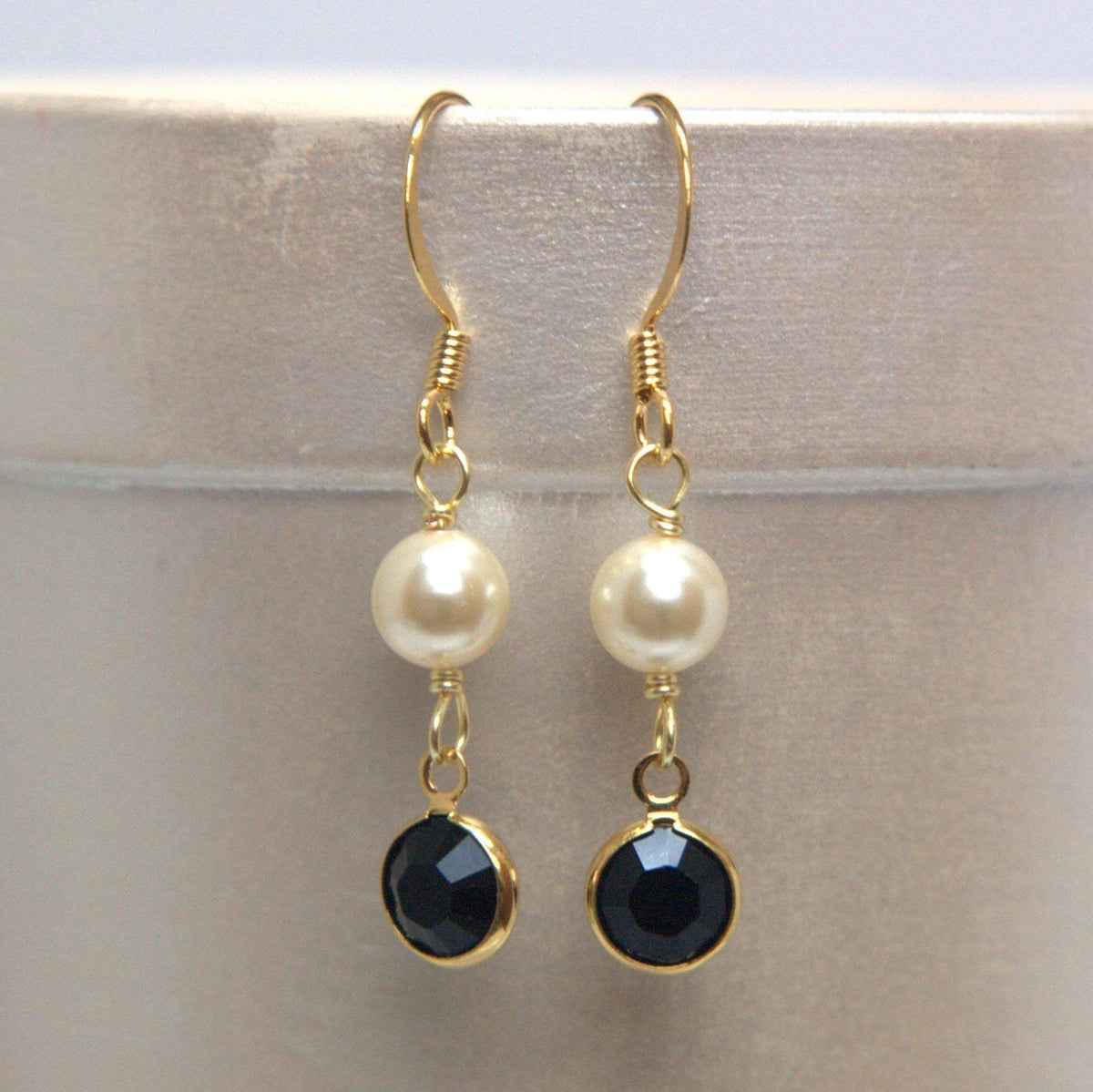 Crystal Channel Drop Dangle Earring - Jet Black Color by Martiana Jewelry – 1 inch, Crystal, Pearl, Gold Tone Ear Hook, Jet Black, Model MJ-E109