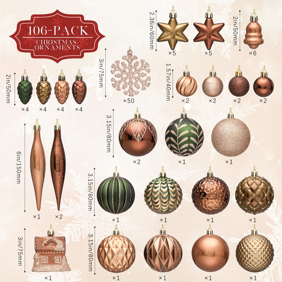 Jornoy Hanging Ornaments, 106 Pack Multi Sizes, Earth Tone