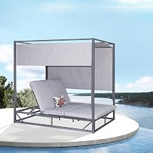 Outdoor Beige Rectangular Patio Daybed with Soft Cushion- All-Weather Outdoor Day beds for Patio - Patio Furniture Sets for Garden Poolside Lawn Backyard - Durable Outdoor Sunbed