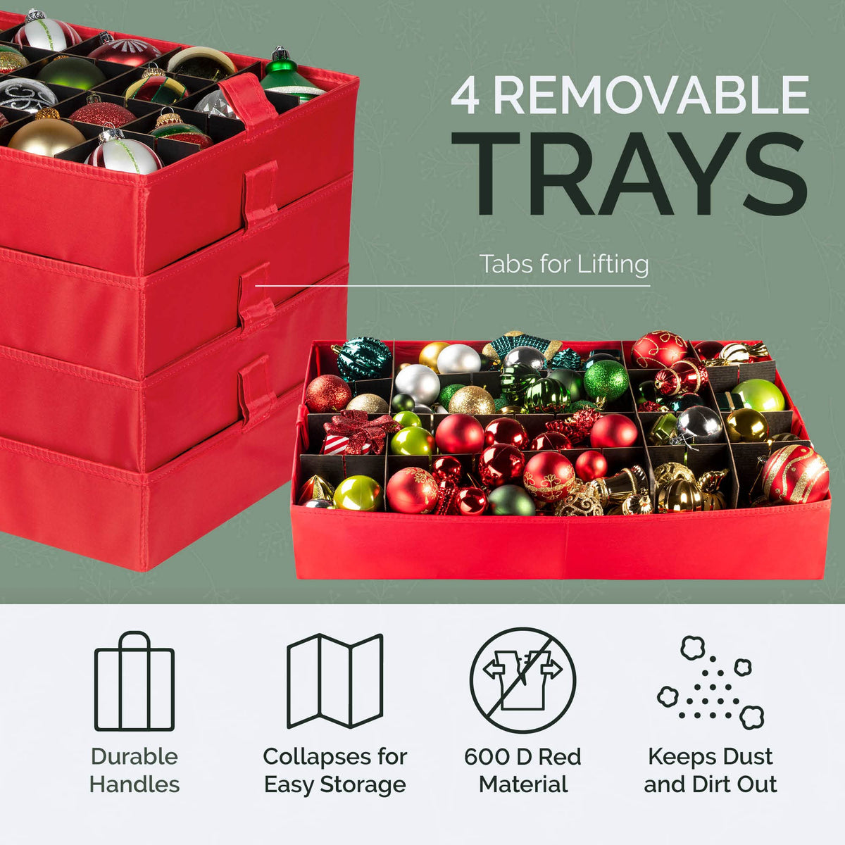 Holdn' Storage Ornament Box, Holds 96 Three-Inch Ornaments, Red