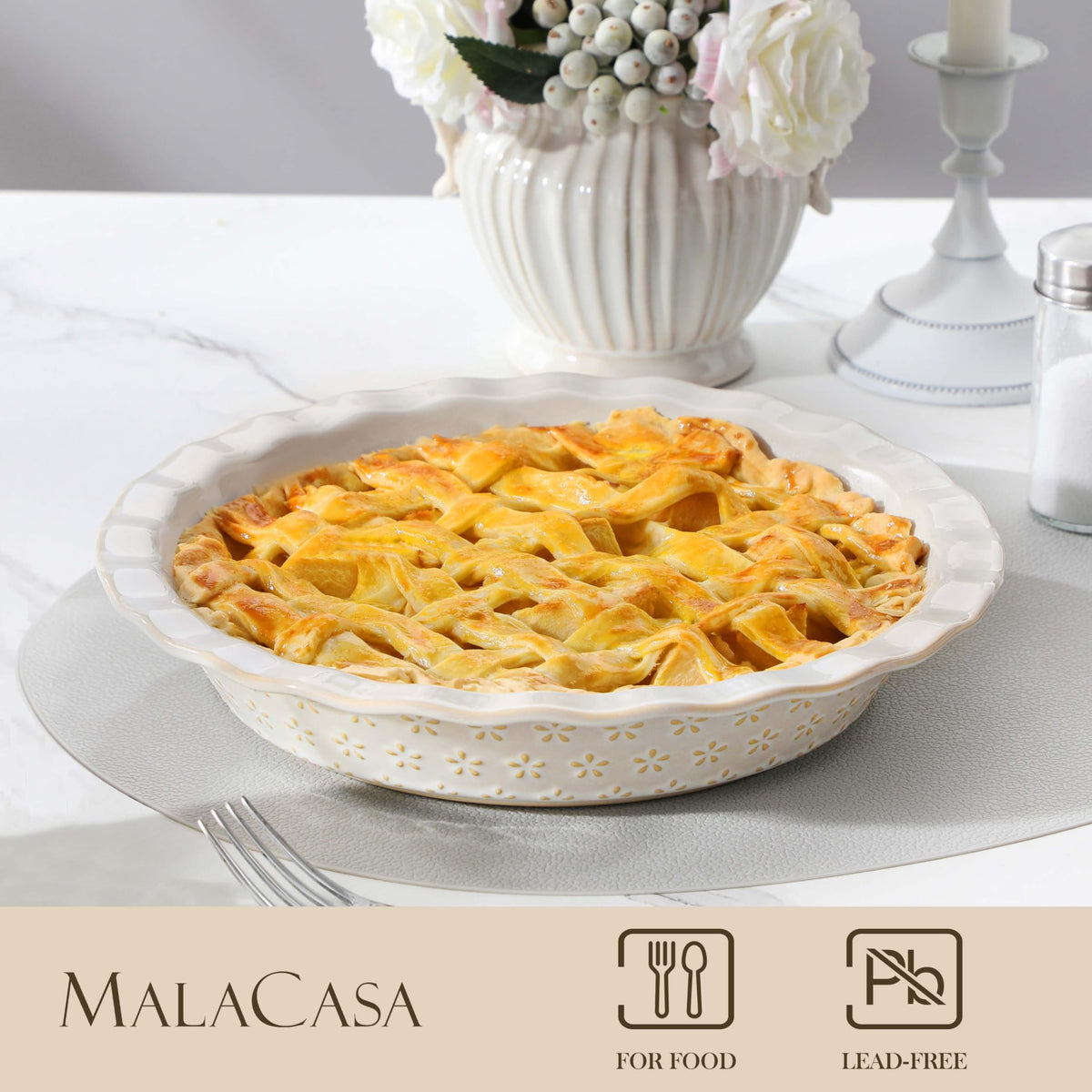 Malacasa Stoneware Pie Dish, 9 Inch Embossed, Ivory