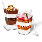 100 Pack 5 oz Elegant Mini Clear Plastic Dessert Cups with Lids and Spoons Square Parfait Cup w/Lid for Small Individual Desserts by Stock Your Home – 4 Pack Pack of 25