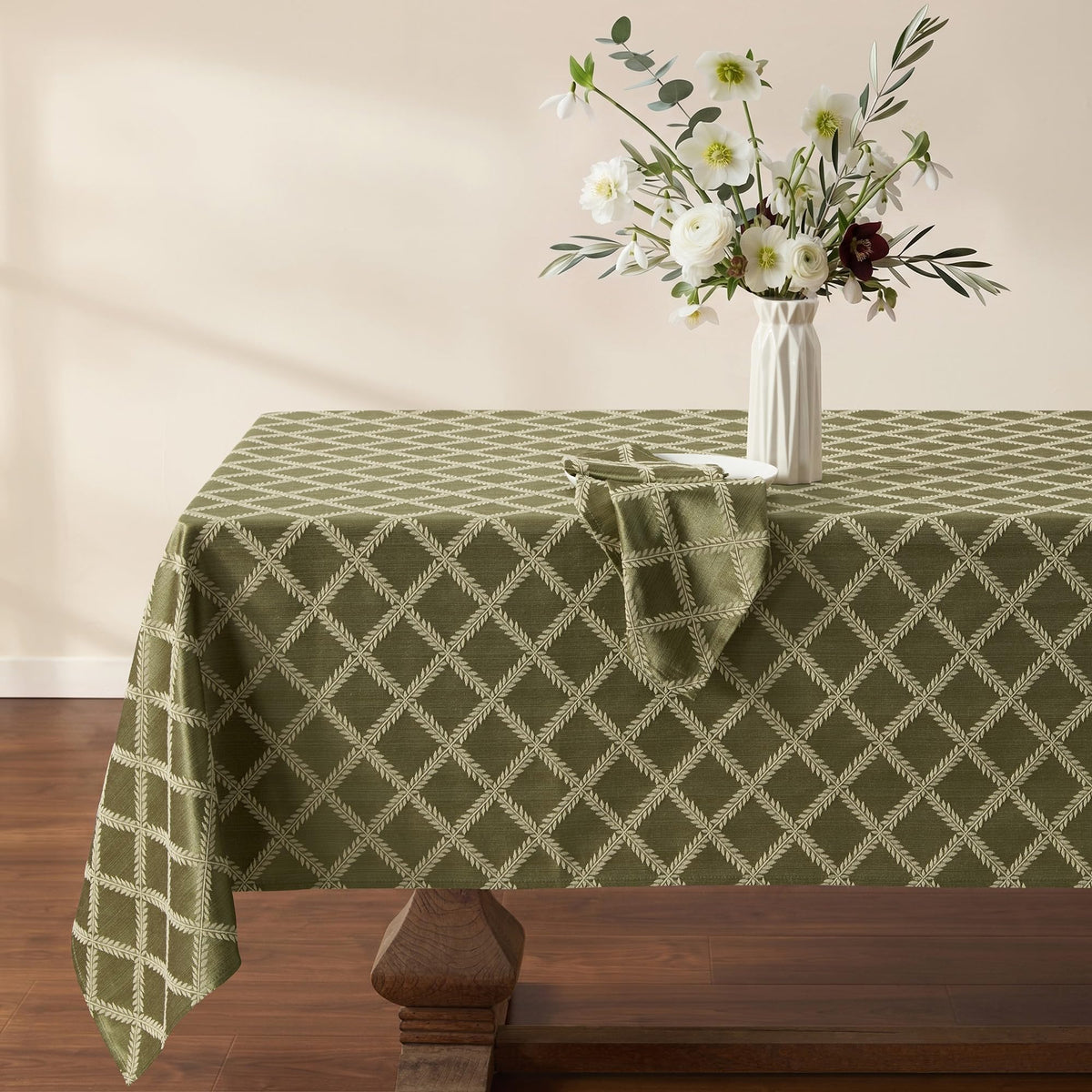 Laurel Leaf Tablecloth by Lenox – 122" x 70" (Rectangular), 67% Cotton, 33% Polyester, Loden, Model 194590653934