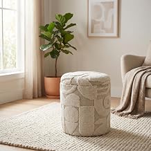 Handwoven Fabric Storage Ottoman Multi-Purpose Foot Rest with Hidden Compartment Round Pouf Stool for Living Room (Cream Symbol)