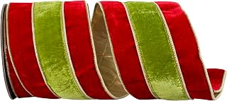 Reliant Ribbon Plush Velvet Overlay Deluxe Gold Metallic Backed Wired Edge Ribbon, Red/Moss