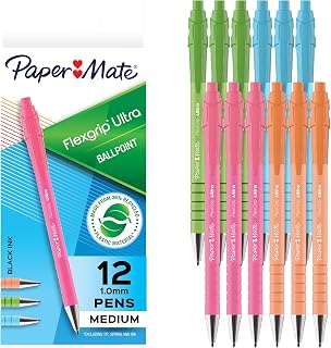 Paper Mate FlexGrip Ultra Ballpoint Pens, Made from Recycled Plastic Materials, Assorted Barrel Colors, Medium Point (1.0mm), Black Ink, 12 Count