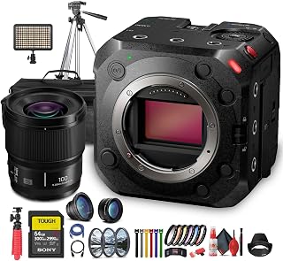 Panasonic Lumix BS1H Full-Frame Box Cinema Camera | 6K Sensor, 14+ Stops Dynamic Range, V-Log, 4:2:2 10-Bit, Dual ISO (DC-BS1H) + Lumix S 100mm Lens + 64GB Memory Card + Case + LED Light + More