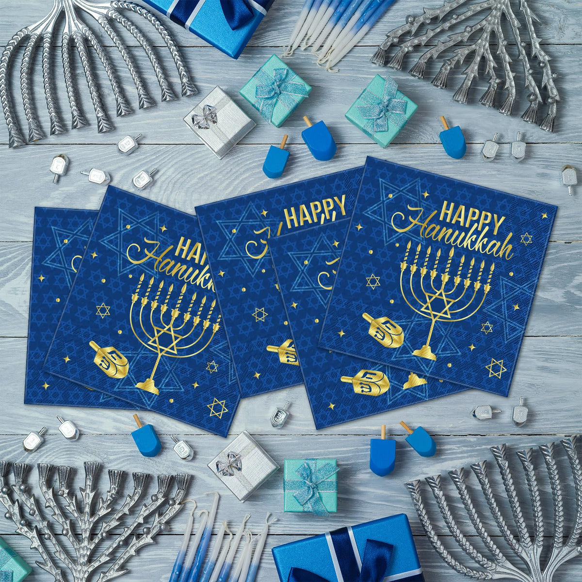 Honoson Hanukkah Napkins, 100 Count Paper Cocktail, Blue Gold