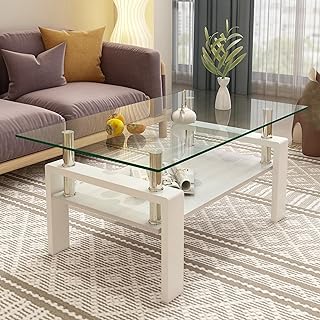 Rectangle Coffee Table, Modern Living Room Table with Tempered Glass Top and MDF Base, Transparent Glass Center Table for Home Office Unique Coffee Table mesa para sala moderna or