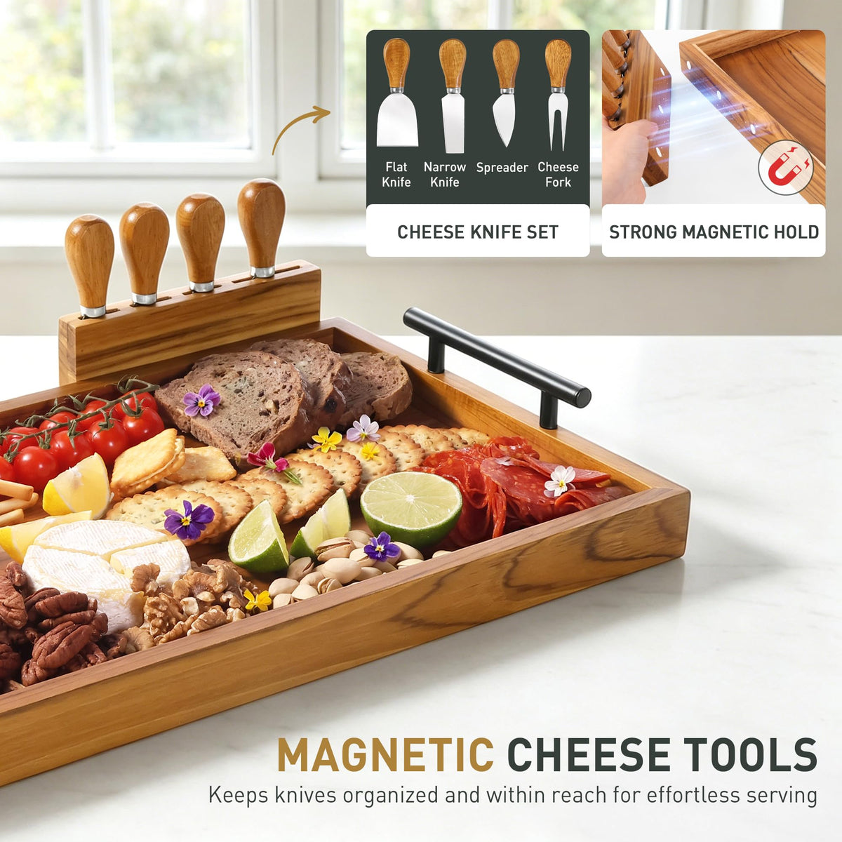 Socisen Teak Charcuterie Board, 24 x 12 Inch with 4 Cheese Knives, Natural