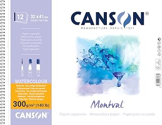 'Canson Spiral-Bound AQ Montval Fine Watercolour Pencils, 12 Sheets Per Pad 300gsm Spiral on Short Edge, White 32 x 41 cm weiß