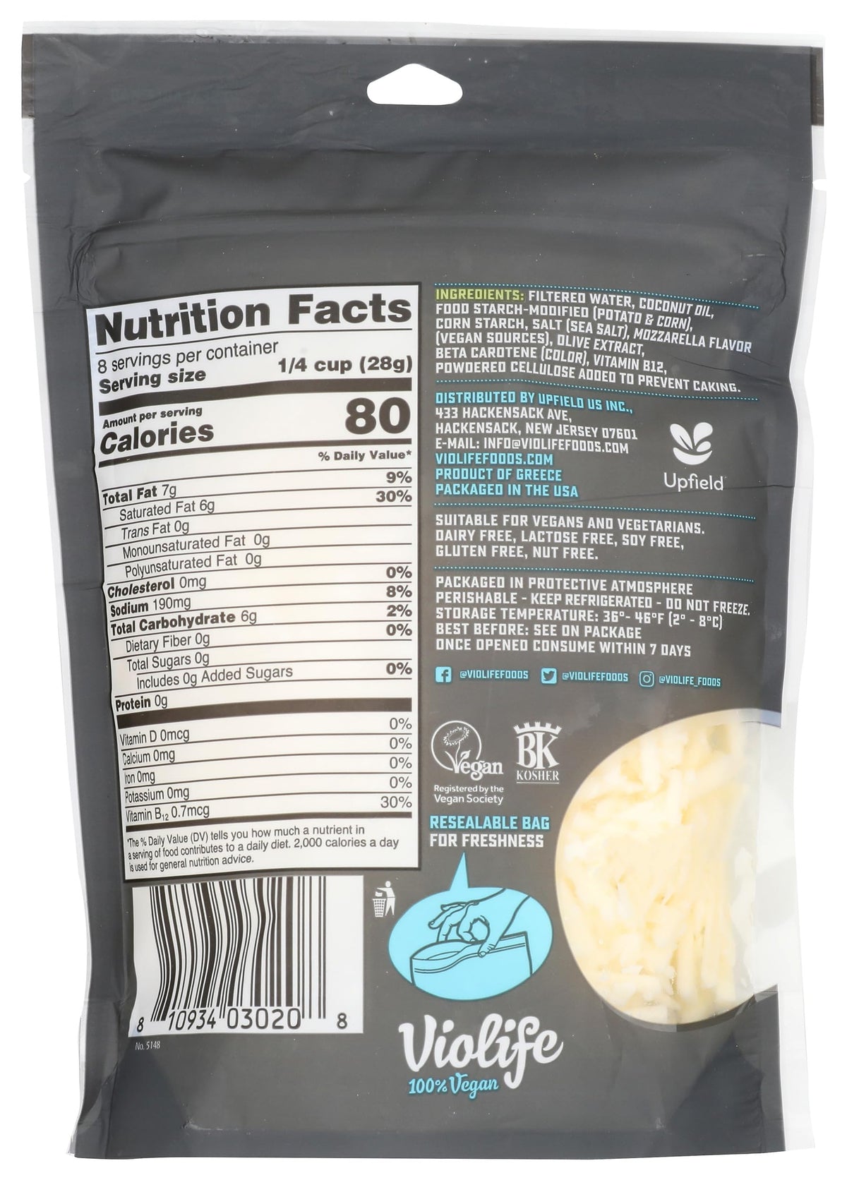 Just Like Mozzarella Shreds by Violife – 8 Ounce (Pack of 1), Model 0810934030208