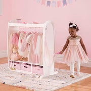 Guidecraft Dress Up Storage – White: Dramatic Play Costume Rack with Mirror and Tray for Toddlers - Kids Armoire, Dresser with Fabric Storage Bins