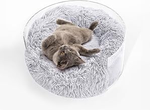 CBD2000A Bette 20.75" x 20.75" Small/Medium Modern Lucite Calming Fluffy Donut Pet Bed with Washable Cover, Light Gray/Clear