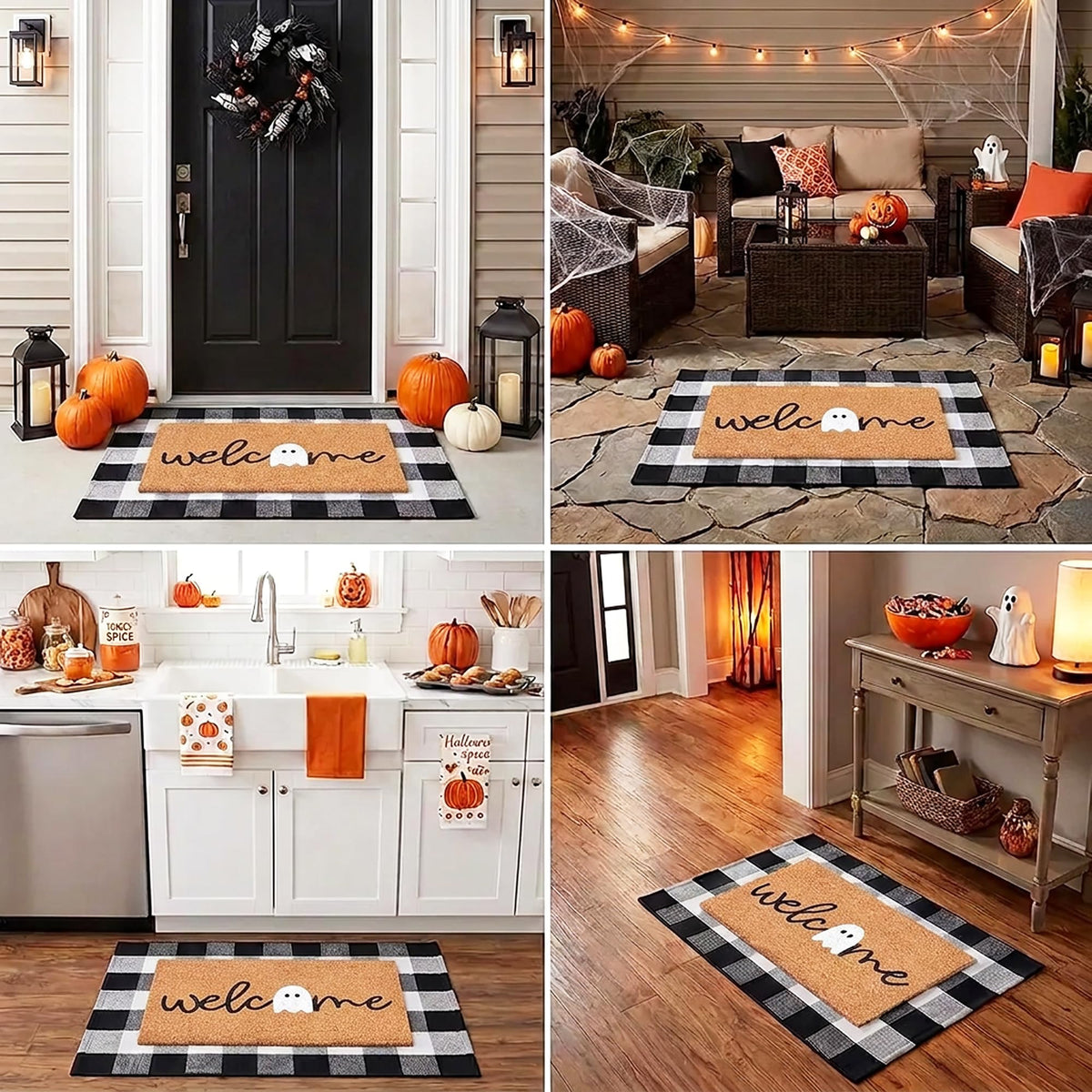 Fallovea Halloween Doormat Set, Coir Welcome Ghost Mat with Plaid Rug, Black and White