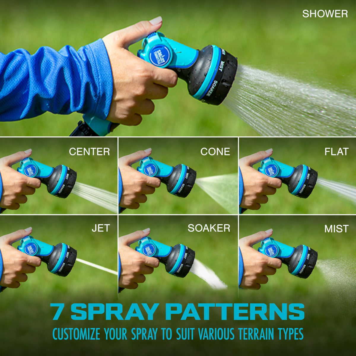 Heavy-Duty Metal Multi-Function Hose Nozzle with Smart Throttle and 7 Sprayer Patterns by Aqua Joe – 11 x 7 x 3 inches, Metal, w/ Smart Throttle, Model AJHN102