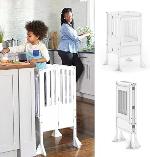 Guidecraft Kitchen Helper® Toddler Tower Step Stool - Contemporary - White: Folding Adjustable Height Montessori Wooden Learning Furniture with Keepers