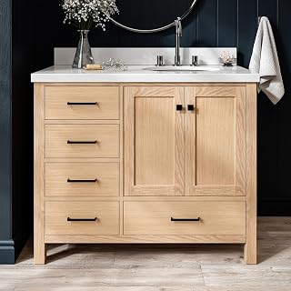ARIEL Cambridge 42-inch Bathroom Vanity with Sink,Solid Wood, 1.5-inch Pure White Quartz Countertop & Backsplash, Single Oval Porcelain Sink, 2 Soft Closing Doors, 5 Dovetail Drawers, White Oak
