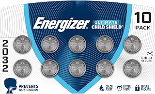 Energizer Ultimate Child Shield CR2032 Batteries (10 Pack), 3V Lithium Coin Batteries, Compatible with Apple AirTag and Tile Pro Devices, Key Fobs, Watches and More