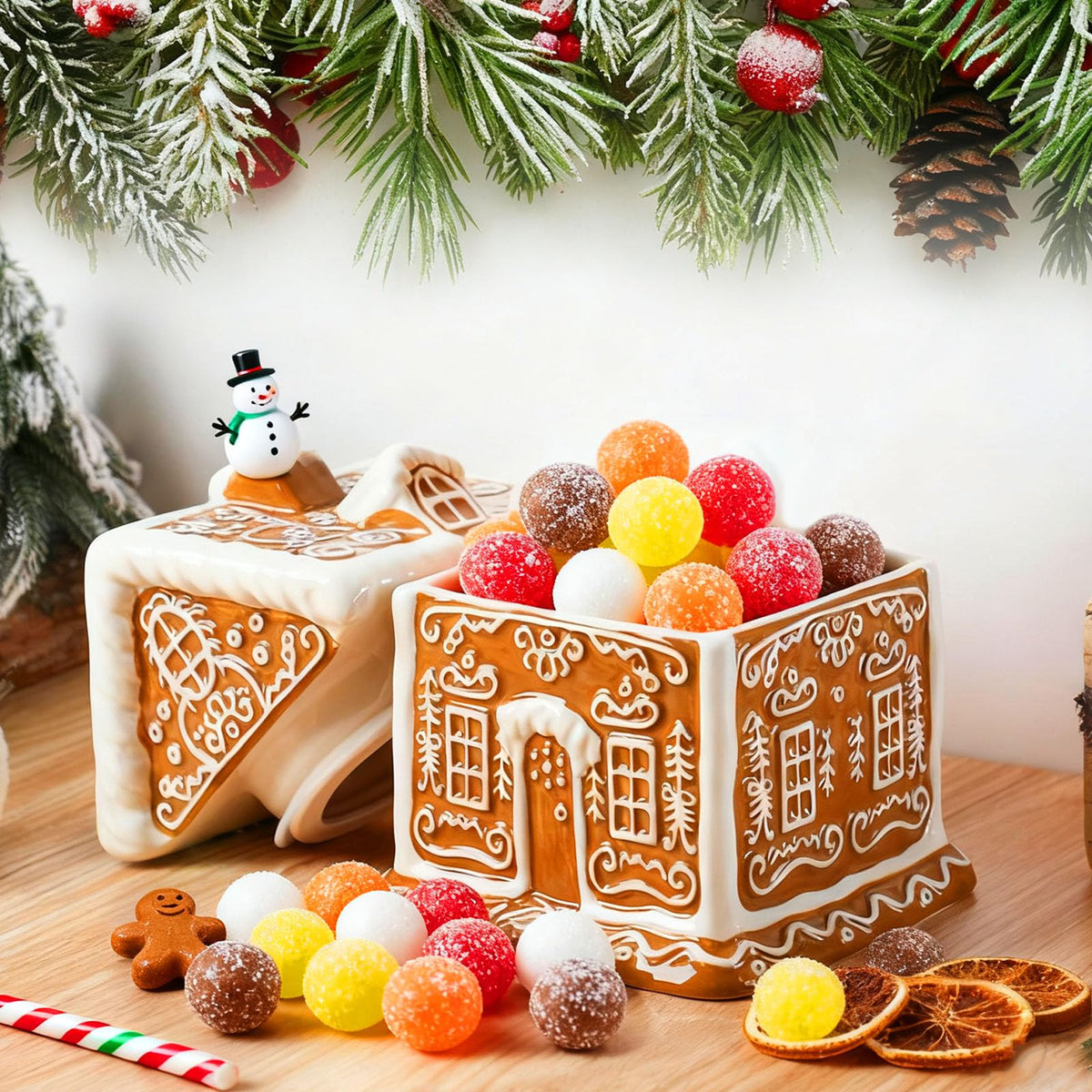 Chunful Gingerbread House Cookie Jar, Ceramic, Brown and White