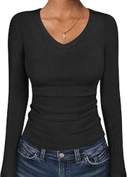 Long Sleeve Shirts for Women Fall V Neck Slim Fit Tops Basic Tee