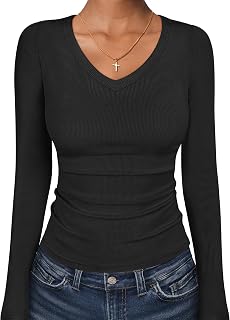 Long Sleeve Shirts for Women Fall V Neck Slim Fit Tops Basic Tee