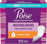 Poise Daily Microliners, Incontinence Panty Liners, 1 Drop Lightest Absorbency, Long, 50 Count of Pantiliners, Packaging May Vary