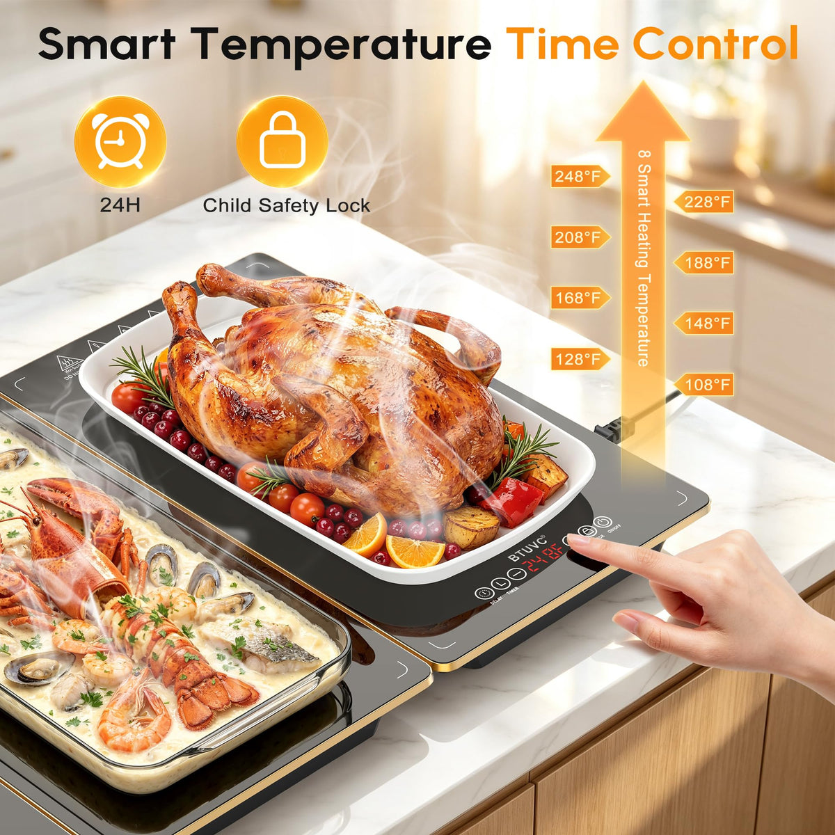 BTUVC Modular Food Warmer, 35x15 Inch Tempered Glass, Black-Gold