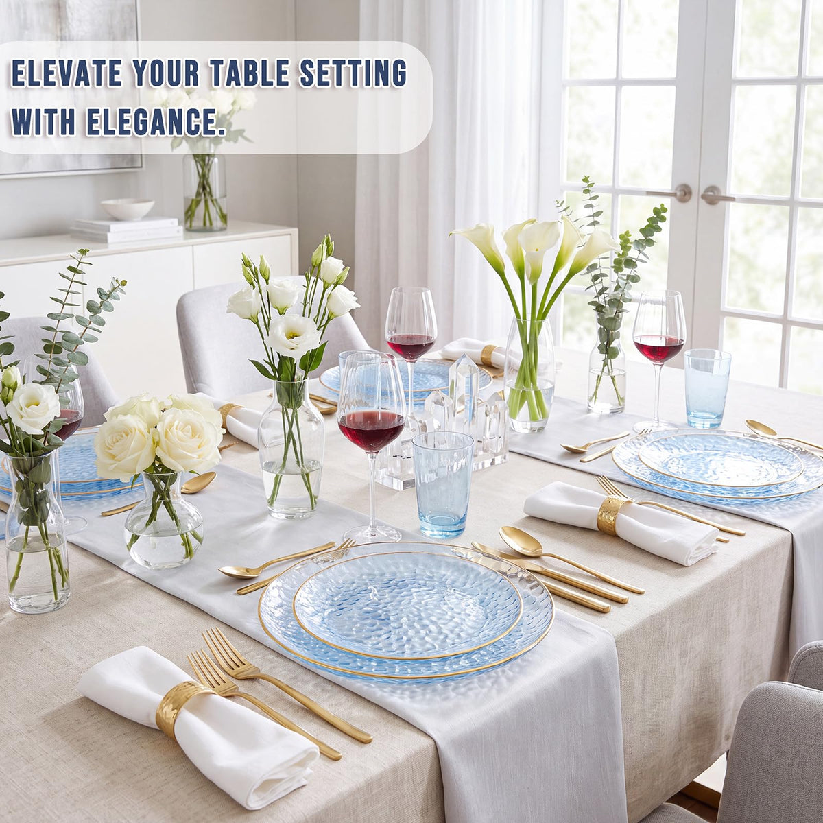 Rubtlamp Hammered Plastic Plates, Clear Blue With Gold Rim, 60 Count