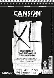 Canson XL Black Drawing 150gsm A5 Paper, Double Sided: Grained & Smooth, Spiral Pad Short Side, 20 Black Sheets, Ideal for Professional Artists & Illustrators