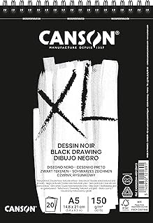 Canson XL Black Drawing 150gsm A5 Paper, Double Sided: Grained & Smooth, Spiral Pad Short Side, 20 Black Sheets, Ideal for Professional Artists & Illustrators