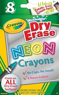 Crayola Dry-Erase Neon Crayons, Art Tools, 8 Count, Washable, Perfect for Classroom Art Activities, Includes Sharpener and Erase Cloth