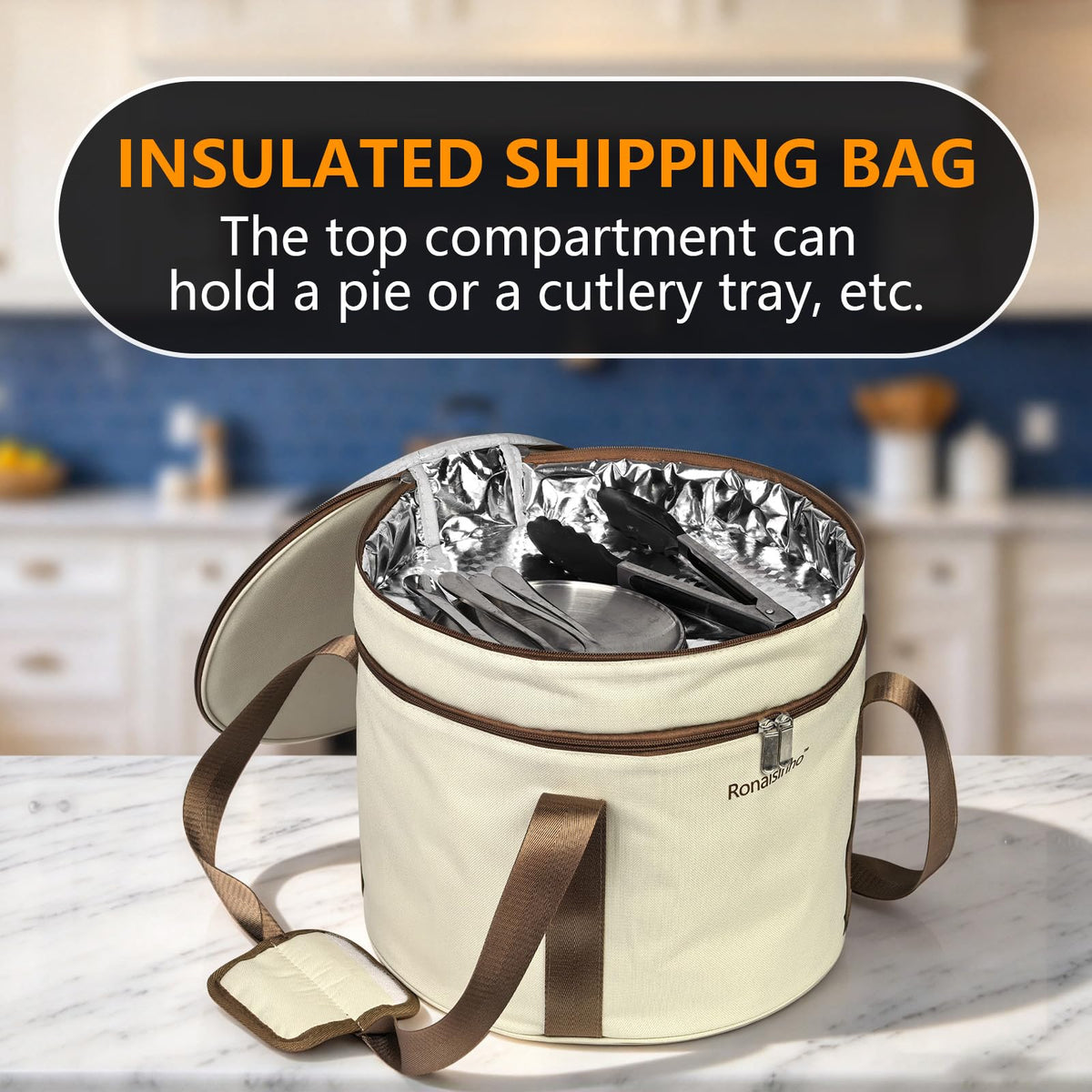 Ronalsinho Pie Carrier Set with Lid and Bag, Holds Two 10-Inch Dishes, Beige