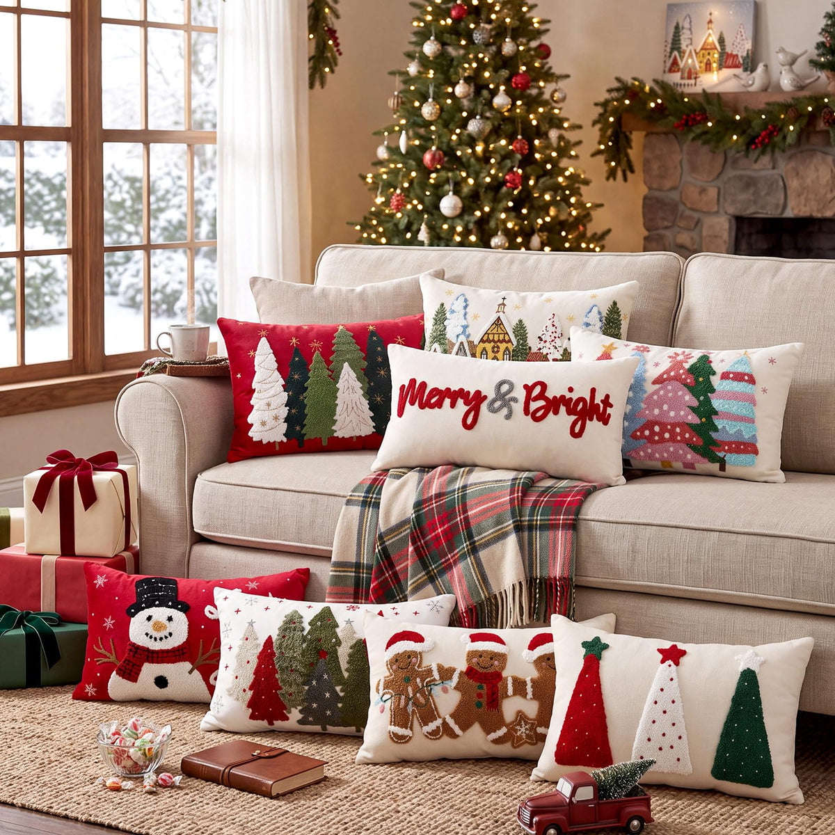 Boao Christmas Lumbar Pillow Cover, 12 x 20 Inches, Red White Green Tree Design
