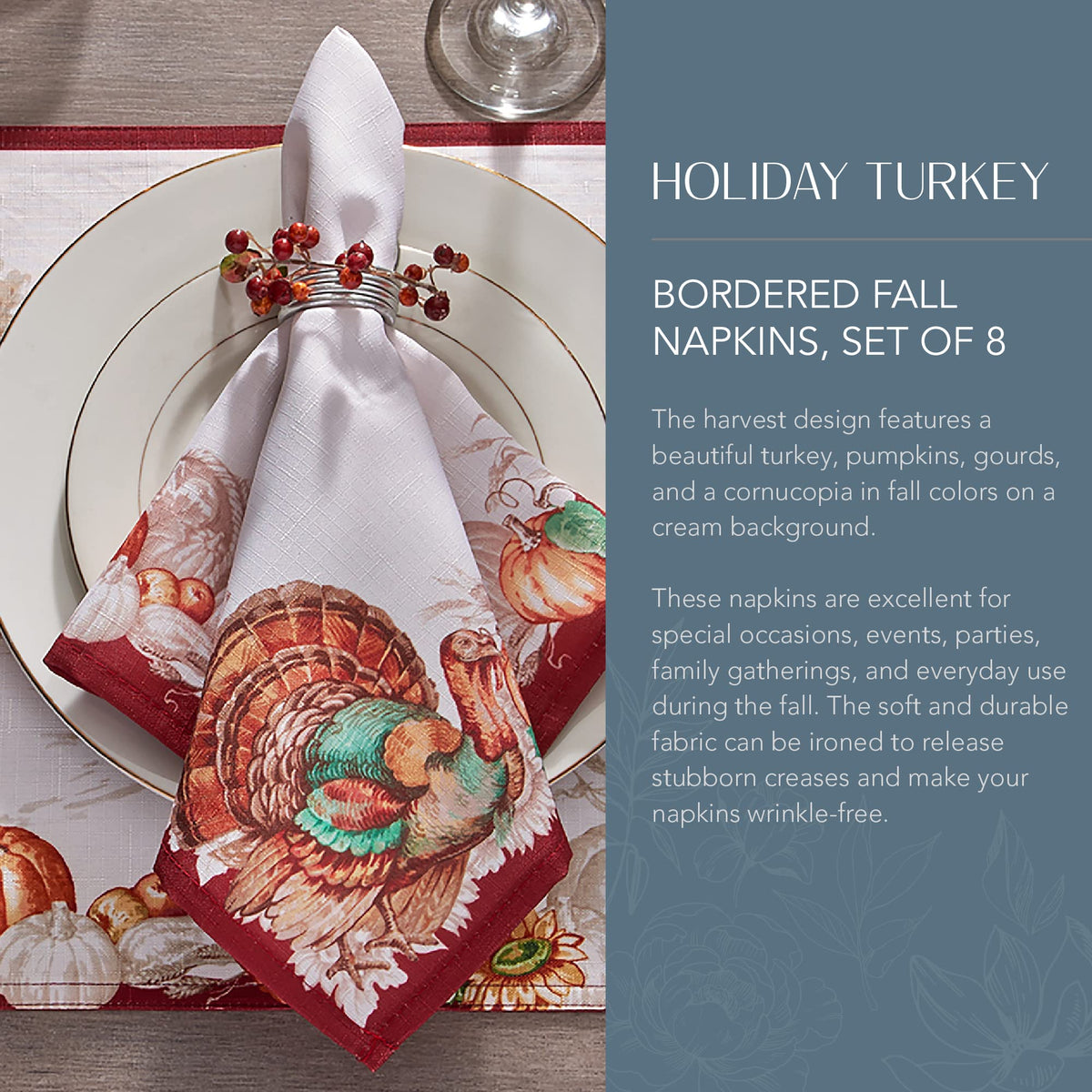 Threadmade Turkey Border Napkins, Set of 8, Multicolor