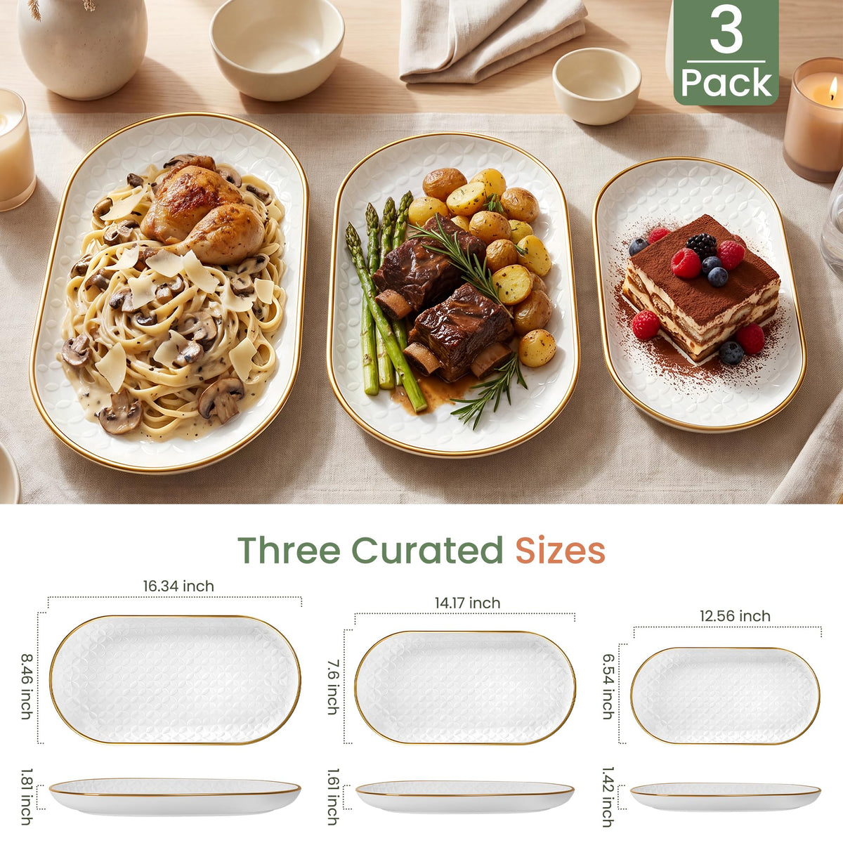 Kassel Ceramic Oval Serving Platter Set, 16 14 12 Inch, White with Gold Rim