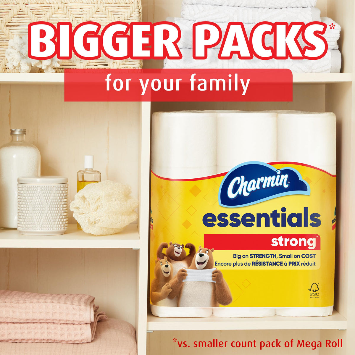 Essentials Strong Toilet Paper 6 Mega Rolls by Charmin – 6 Rolls (429 Sheets), Paper, White, Pack of 6, Model 30772045152