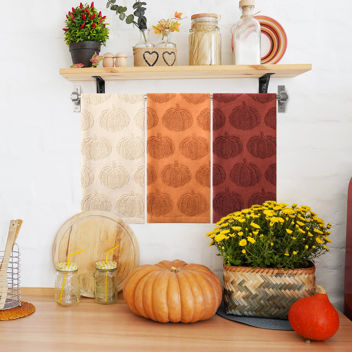 Whaline Fall Hand Towels, 3 Piece Set, Pumpkin Jacquard, Beige Orange Brown