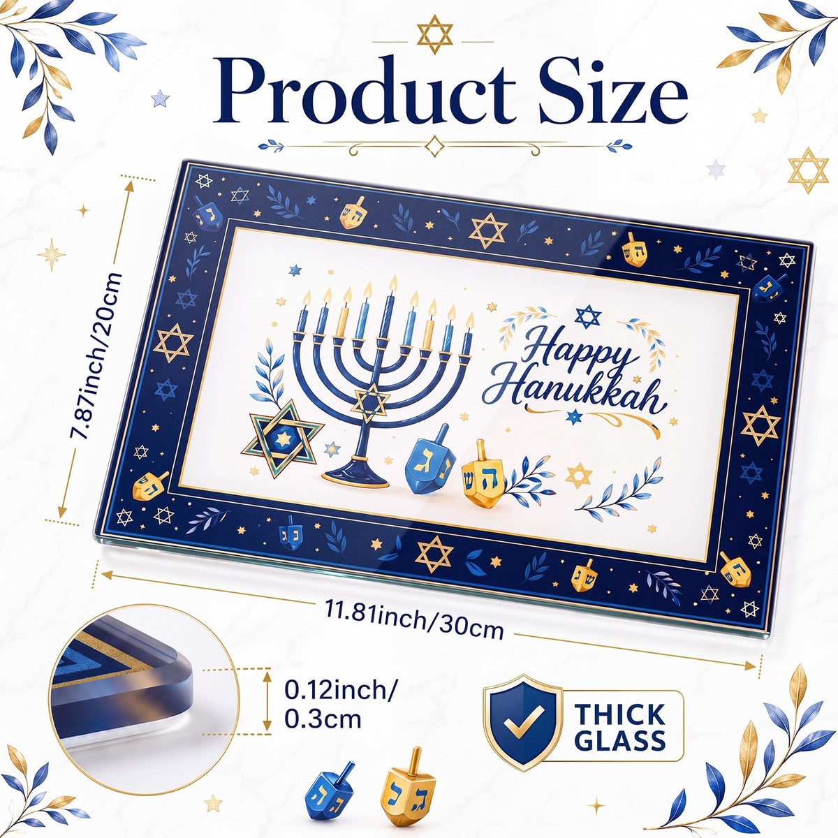 OBreezify Hanukkah Glass Drip Tray, 12 x 8 Inch, Multicolor