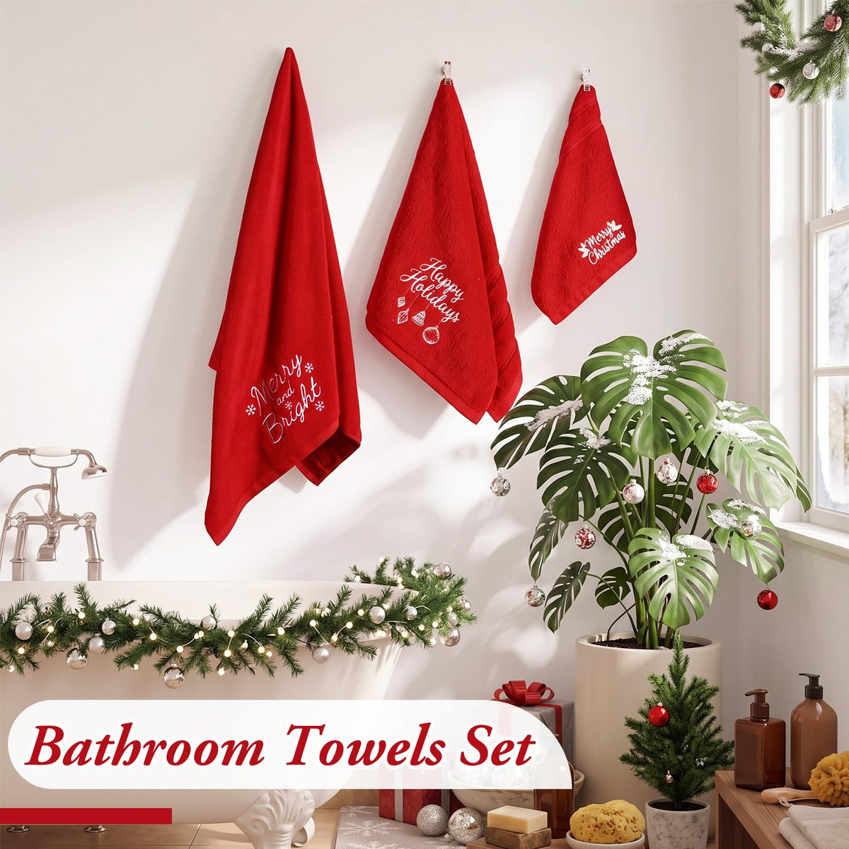 Hahafelt Cotton Bath Towel Set, 3 Piece, Red Christmas