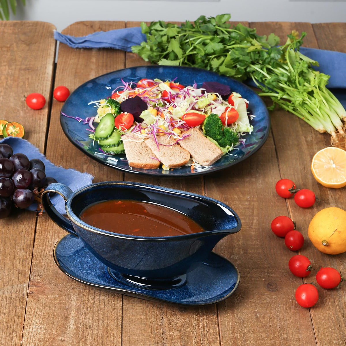 Vicrays Gravy Boat with Saucer, 17oz Ceramic, Blue, Set of 2
