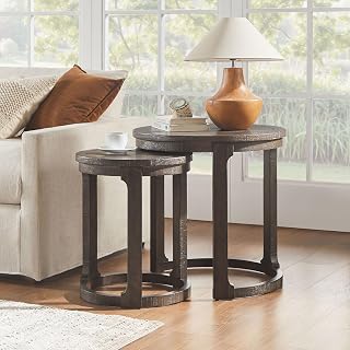 24" Pine‑Veneer Coffee Table, Round Coffee Table with Staggered‑Height Layout, Mesa De Centro para Sala with Split‑use Modes for Home and Office Areas, Dark Brown
