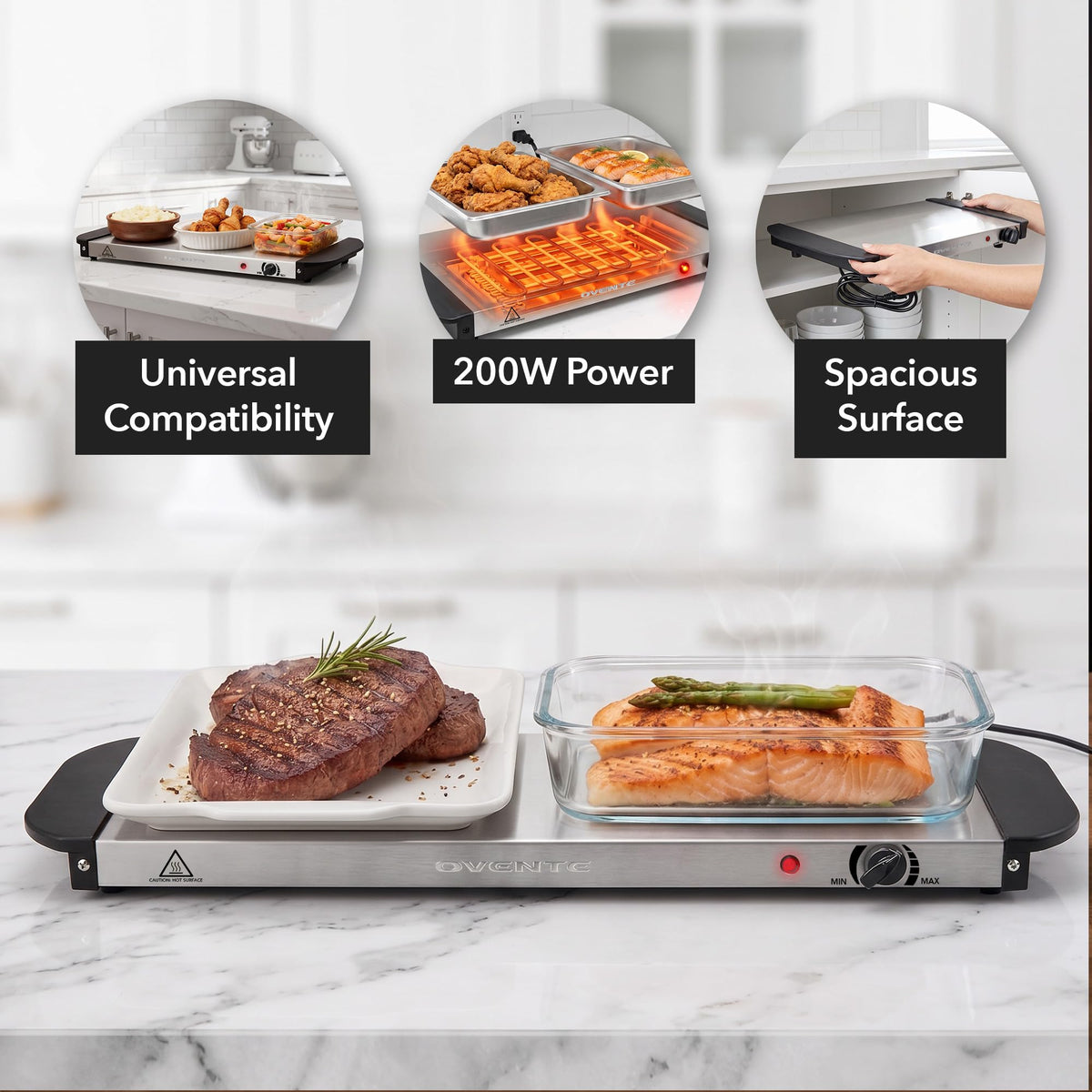 Ovente Electric Warming Tray, Adjustable Temperature Control, Silver