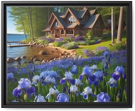 Blue Irises Around Lakeside Cottages in Wisconsin - Premium Pinewood Frame Framed Canvas Wall Art