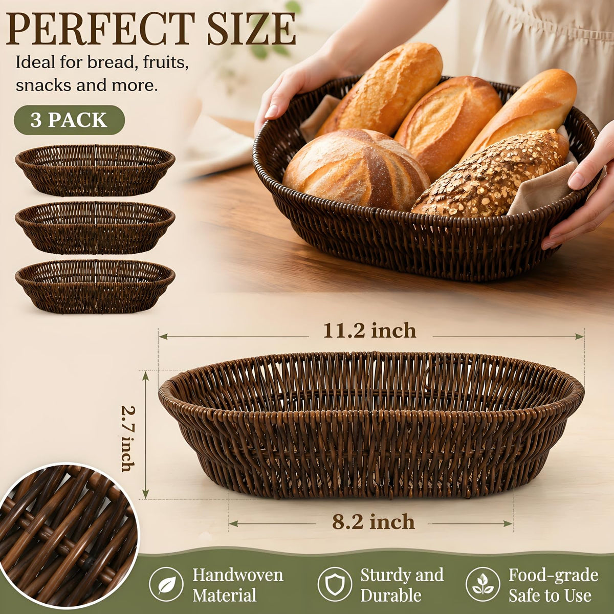 ZAVOOS Wicker Bread Basket, 11 Inch Oval Serving Tray, Dark Brown 3 Pack