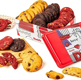 David's COOKIES Mini Cookie Sampler in Love Tin, 14 oz Fresh Baked Assorted Bite Size Cookies, Chocolate Chip, Chocolate White Chip & Red Velvet, Gourmet Sweet Treat for Couples Friends