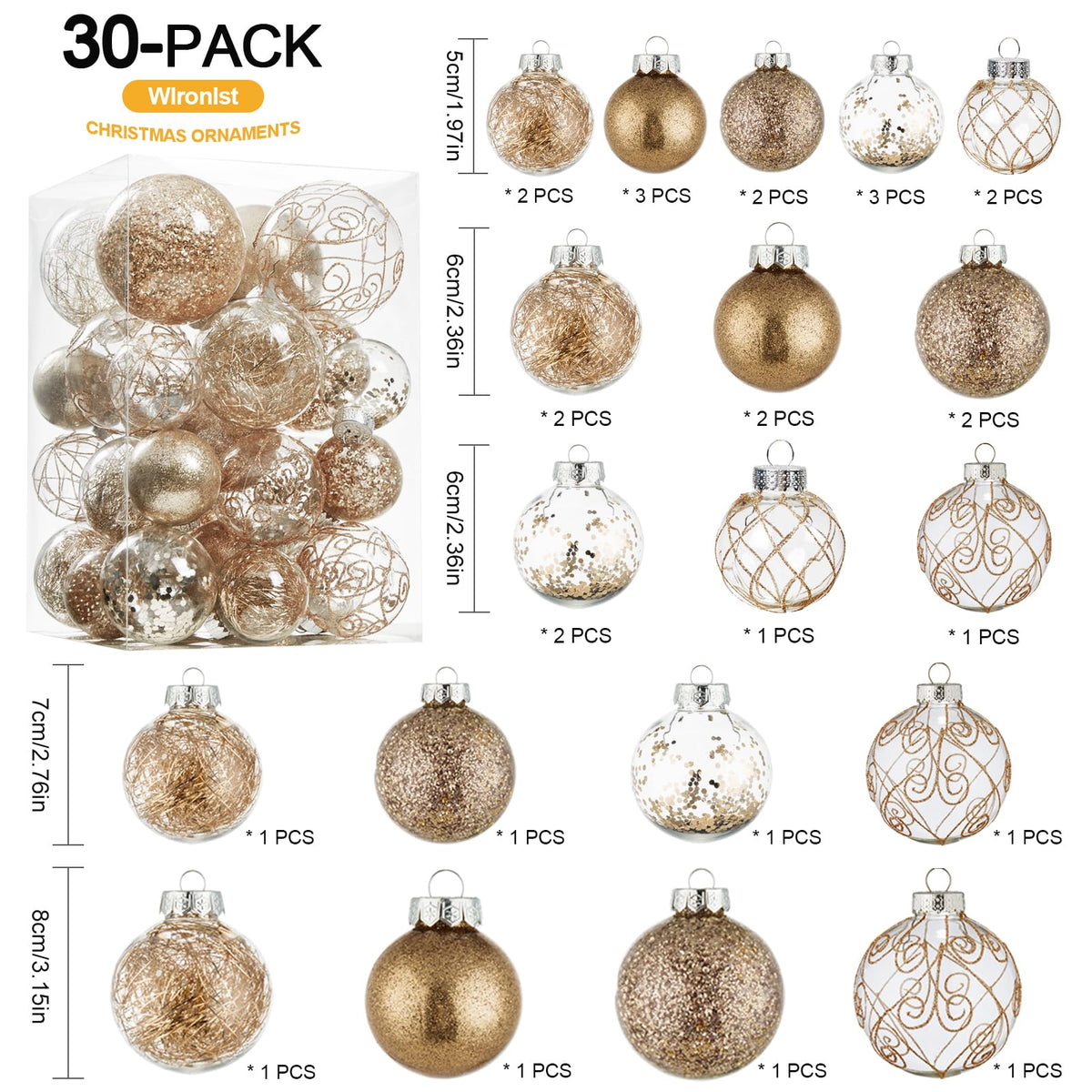 Wironlst Plastic Christmas Ornaments, Multi Size Set, Champagne