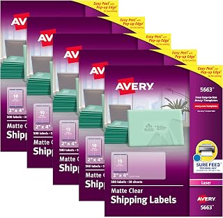 Avery Matte Frosted Clear Address Labels for Laser Printers, 2" x 4", 500 Labels, 5 Packs (5663)