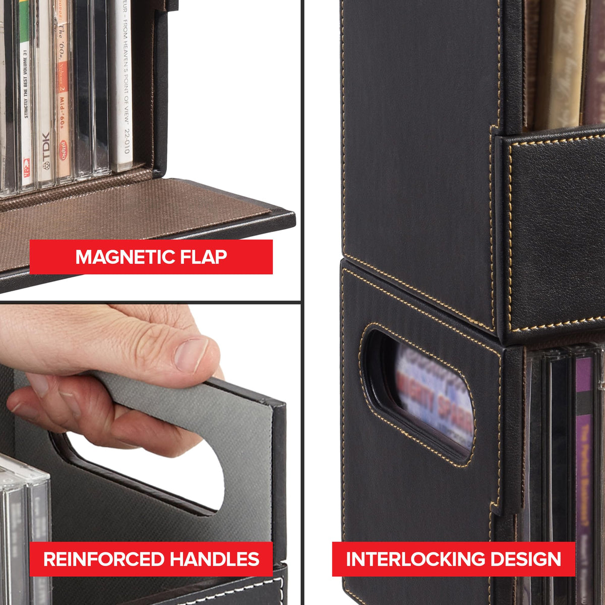 Faux Leather DVD & CD Storage Box - Movie Shelf Organizer for Blu-Ray by Stock Your Home – 17.75 inches (L) x 6.75 inches (H) x 8 inches (D), Faux Leather, Felt, Gray/Espresso